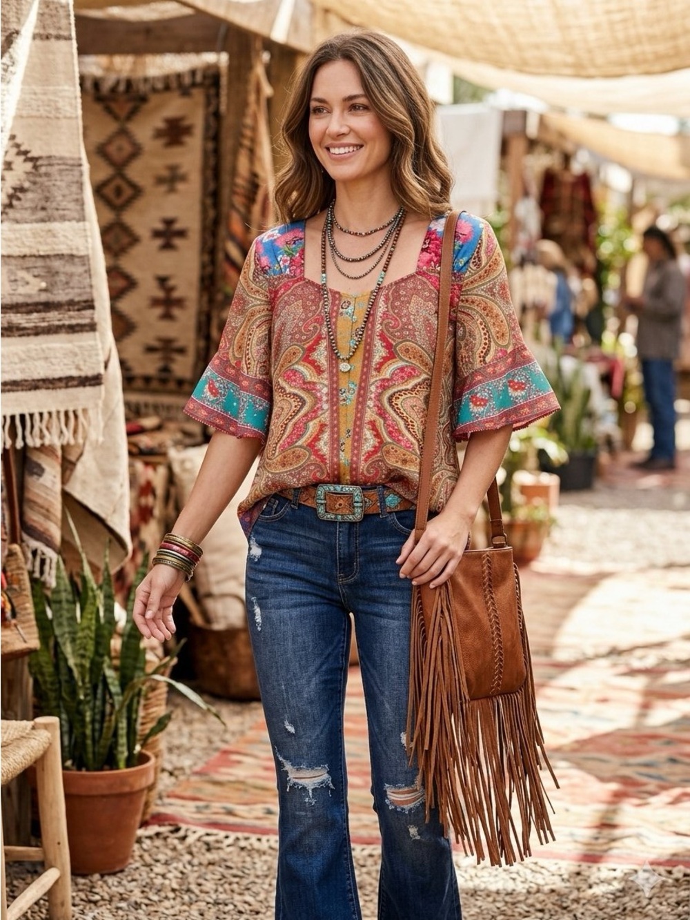 Umgee short-sleeve bohemian blouse vibrant multi media multi-colored